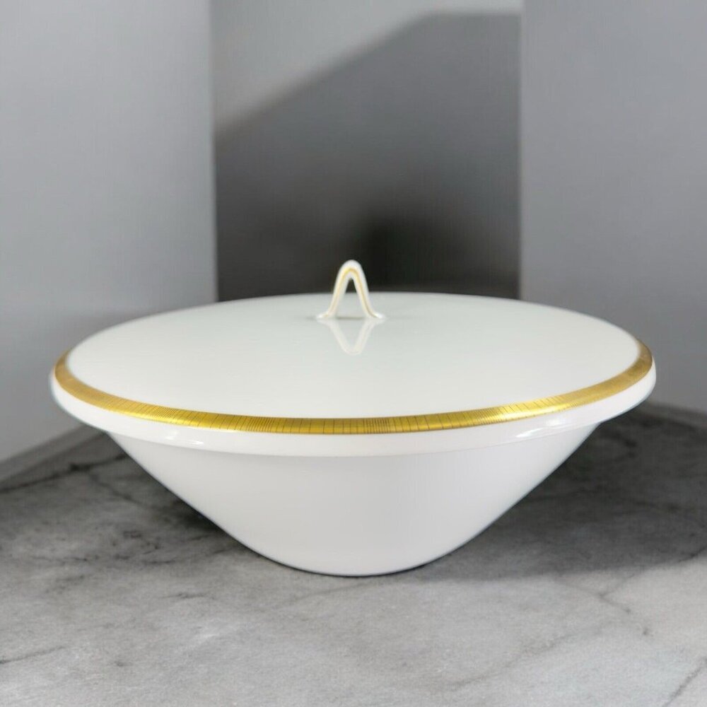 Rosenthal Porcelain‎ White Gold Black Lines Serving Covered Dish Bowl Vintage